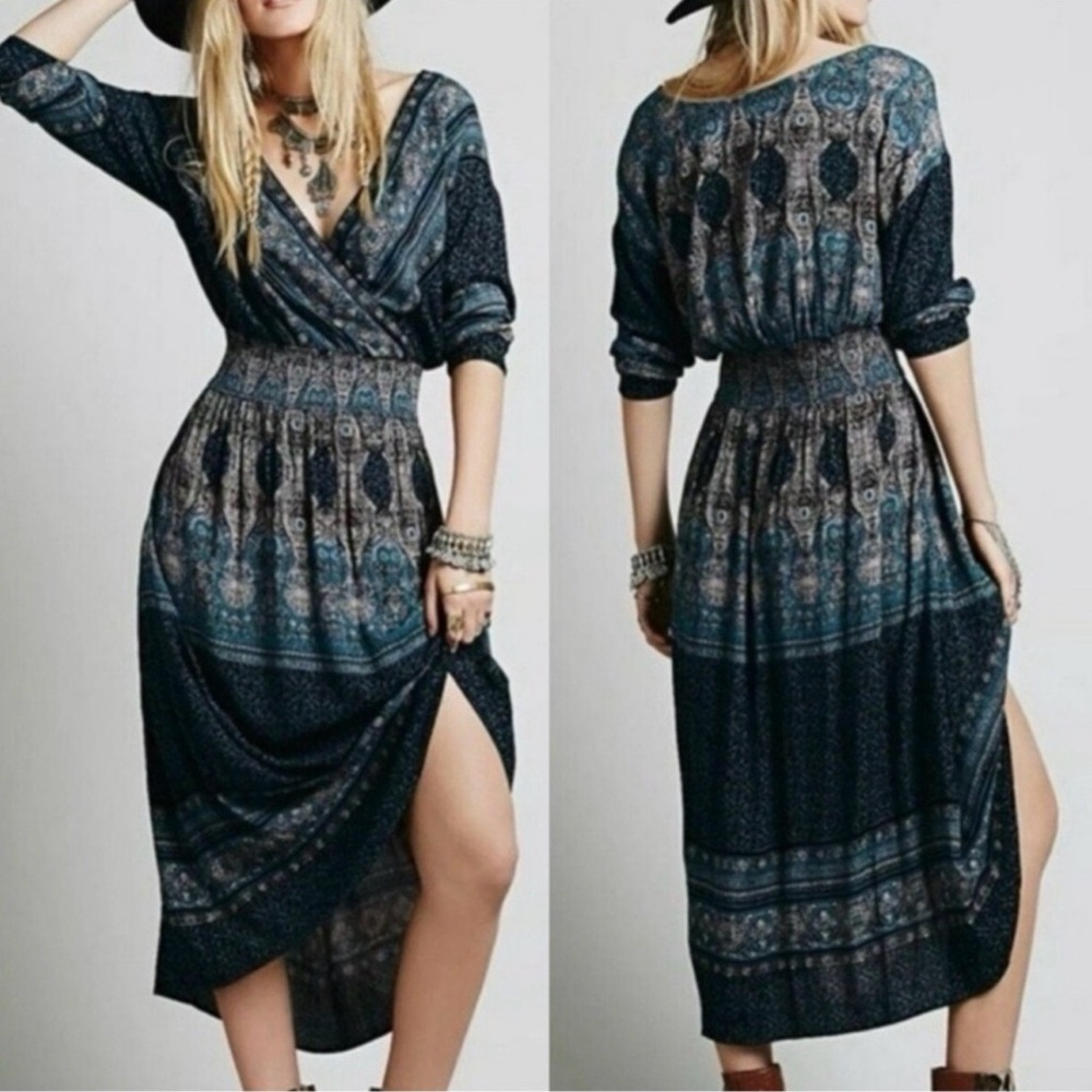 Free People She's A Lady Printed‎ Maxi Dress Jade XS Bohemian Hippie Festival
